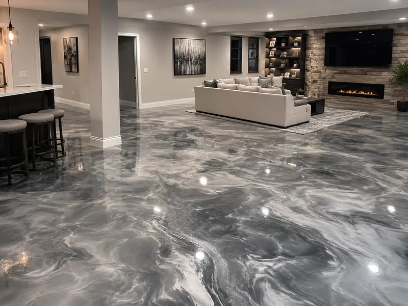 Finished basement floor with residential epoxy coating in a Charleston, SC home