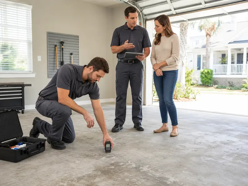 Epoxy flooring contractor performing an on-site slab moisture assessment for a Charleston, SC home