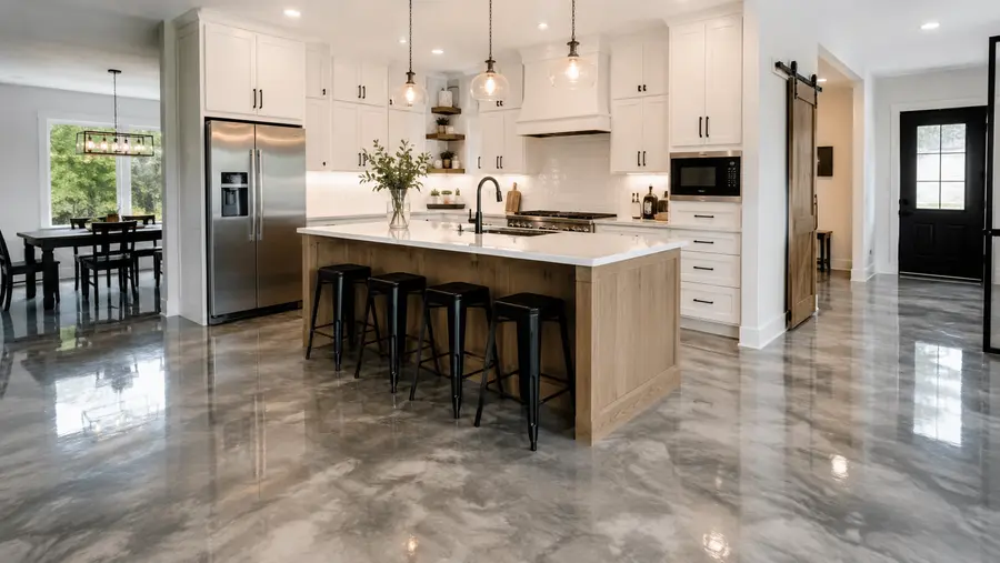 Beautiful metallic epoxy flooring in modern kitchen - Charleston Epoxy Flooring