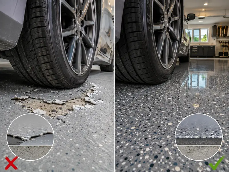 Cracked failing garage floor coating compared to a properly installed hybrid coating system in Charleston, SC