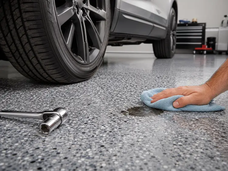 Finished flake garage floor coating with glossy polyaspartic topcoat in a Charleston, SC garage