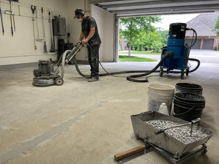 Diamond grinding a concrete garage floor slab before coating installation in Charleston, SC