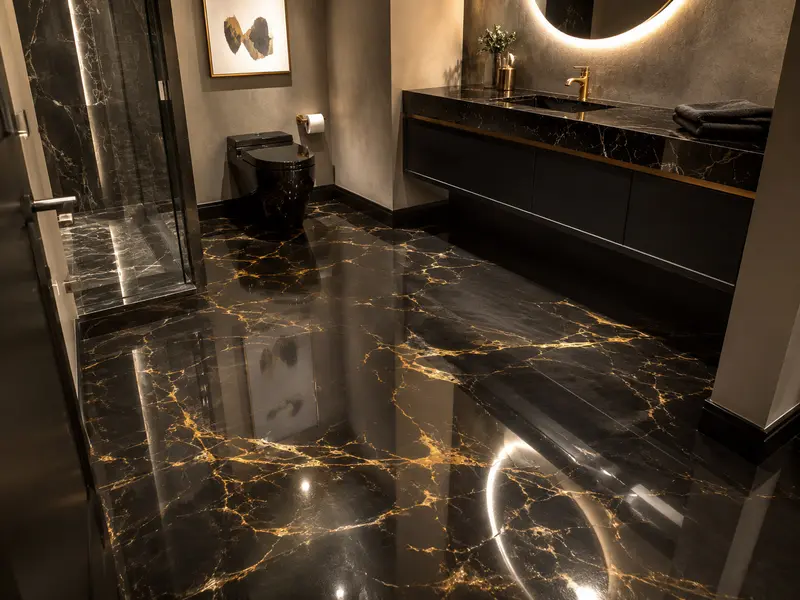 Close-up of a black and gold metallic epoxy floor showing depth and gloss in a Charleston bathroom