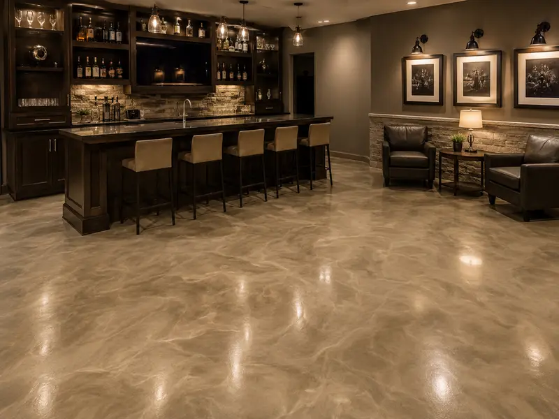 Sand and taupe metallic epoxy floor in a Charleston home bar and media room