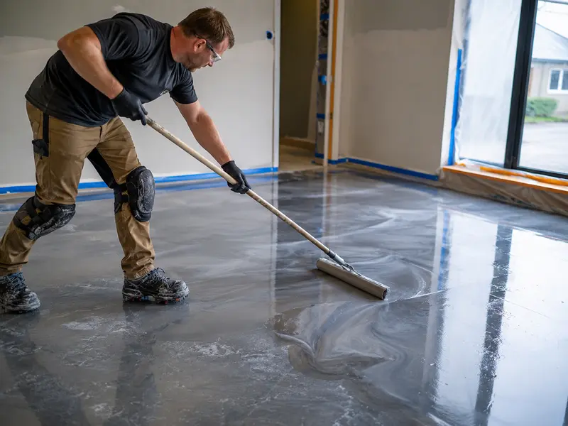 Installer applying metallic epoxy coating to a concrete floor in Charleston