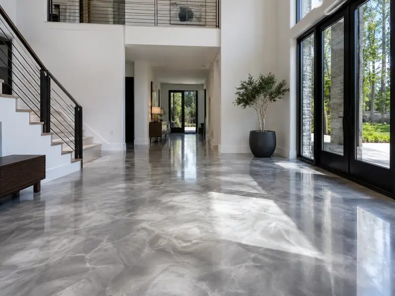 Directional light showing dramatic movement across a metallic epoxy floor in a bright Charleston entry