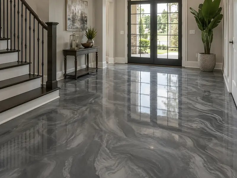 Glossy metallic marble epoxy floor in a Charleston home entryway with staircase