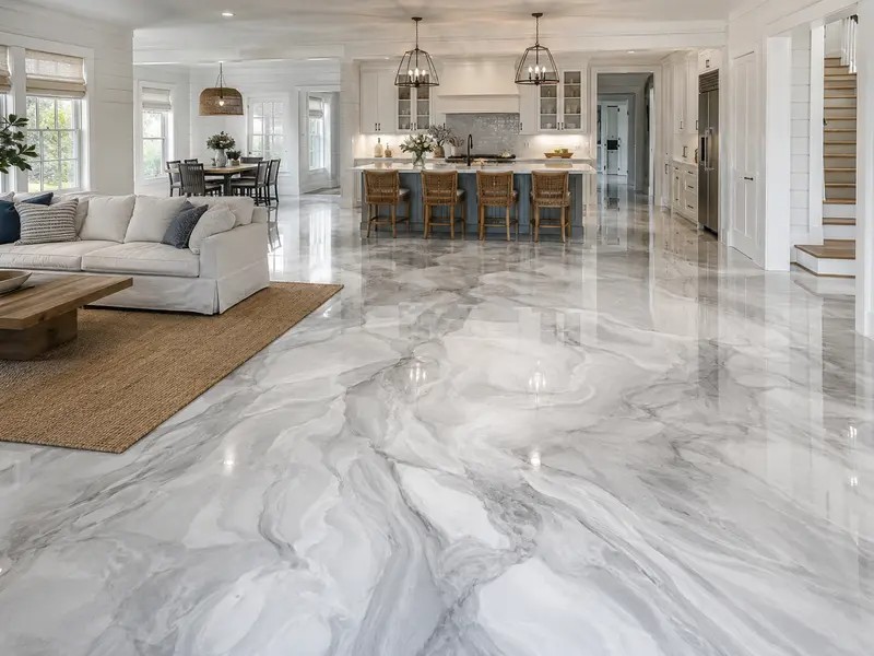 Classic white and grey veined metallic epoxy floor in an open Charleston living area