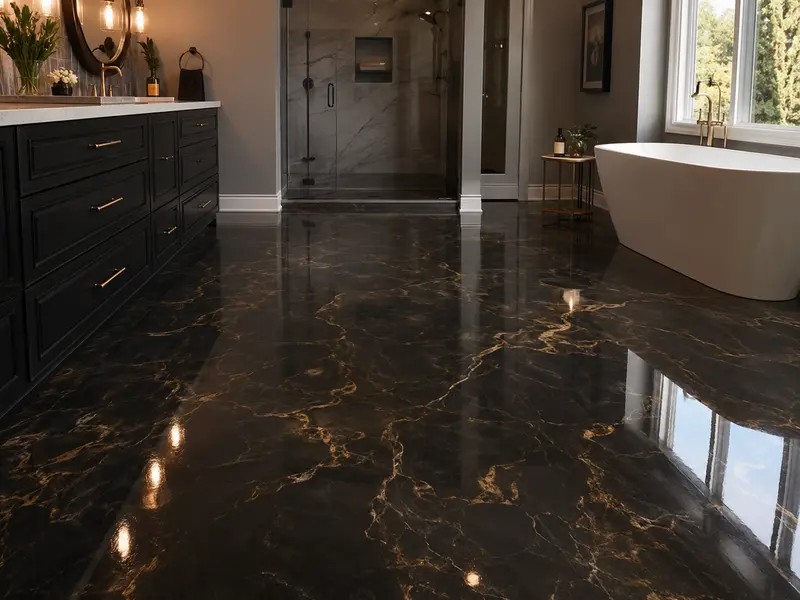 Black and gold metallic epoxy floor in a Charleston bathroom