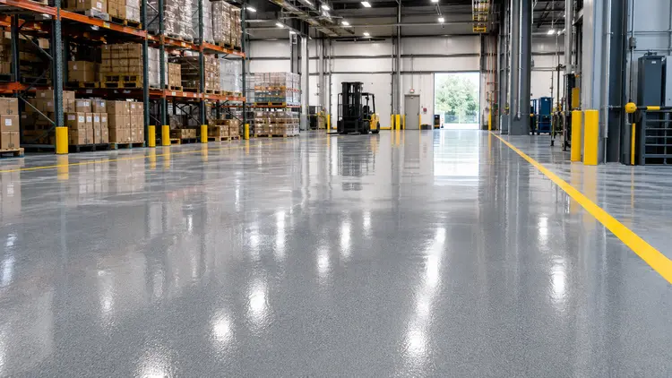 Commercial epoxy floor coating installed in a Charleston warehouse with safety line striping