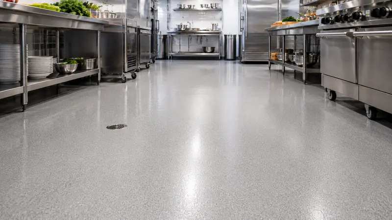 Seamless commercial epoxy flooring installed in a restaurant kitchen for sanitary, slip-resistant performance