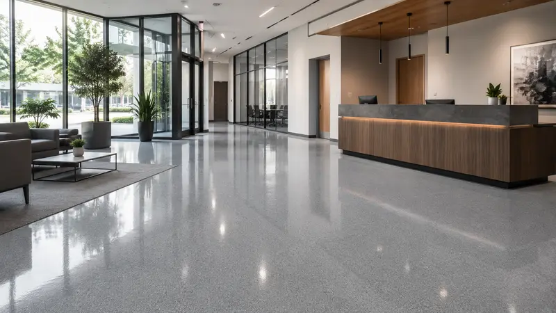 Polished commercial epoxy floor in a modern office lobby and common area in Charleston