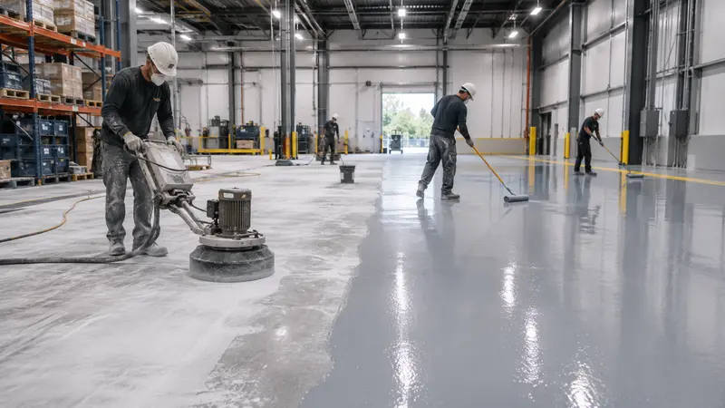 Crew diamond-grinding and installing a commercial epoxy floor system during a scheduled off-hours install