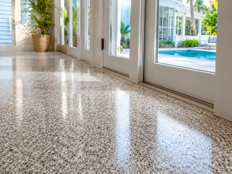 Sunroom epoxy flooring detail near the poolside entry in Mount Pleasant, SC