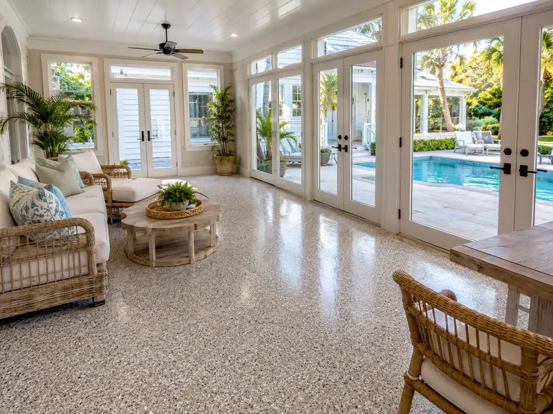 Finished flake epoxy sunroom floor with poolside entry in Mount Pleasant, SC home