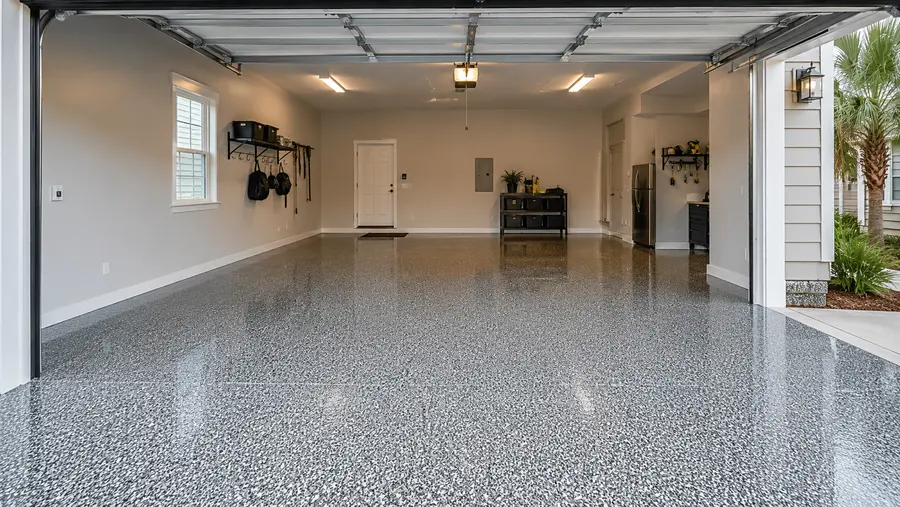 Polyaspartic floor coating installed in a Charleston garage with dark flake finish