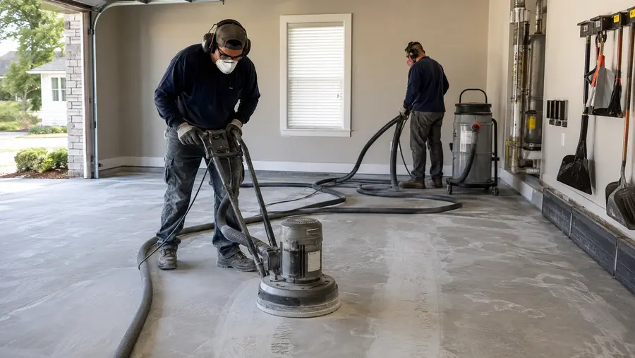 Installers diamond grinding and preparing a concrete slab before applying a polyaspartic coating in Charleston