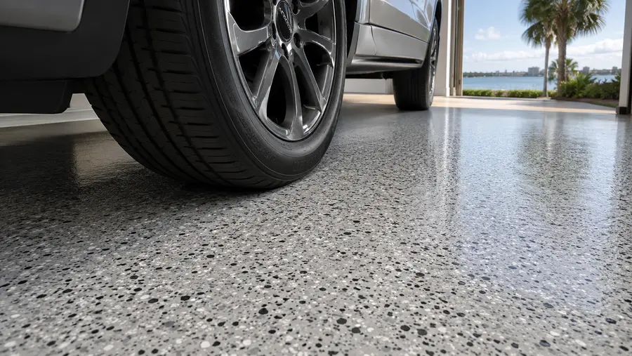 Close-up of a finished polyaspartic floor coating in a Charleston garage showing the glossy, UV-stable flake finish